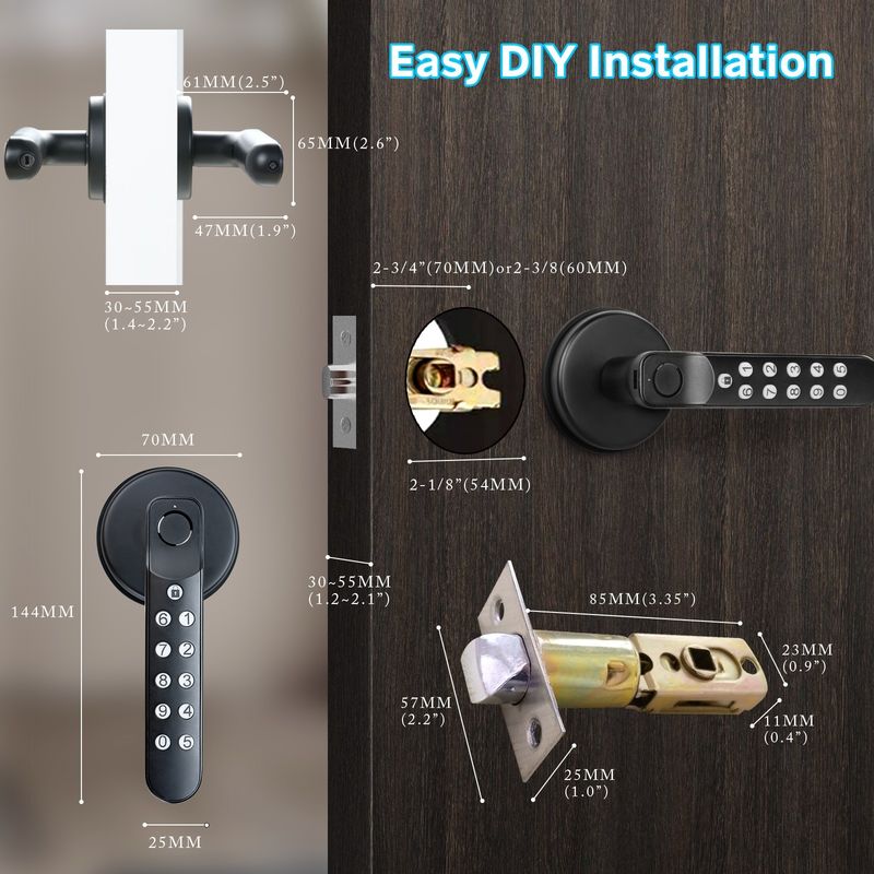Back-up Key, T02 Smart Fingerprint Doorknop, Sleutelloze toegangsluizen met toetsenborden, Smart Door Lock op Tuya App